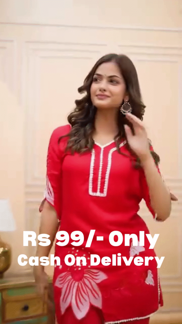 🔥 Red Embroidered T-shirt Pant Co-ords Set for Women - Image 2