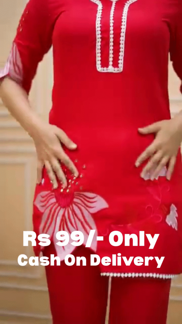 🔥 Red Embroidered T-shirt Pant Co-ords Set for Women - Image 7