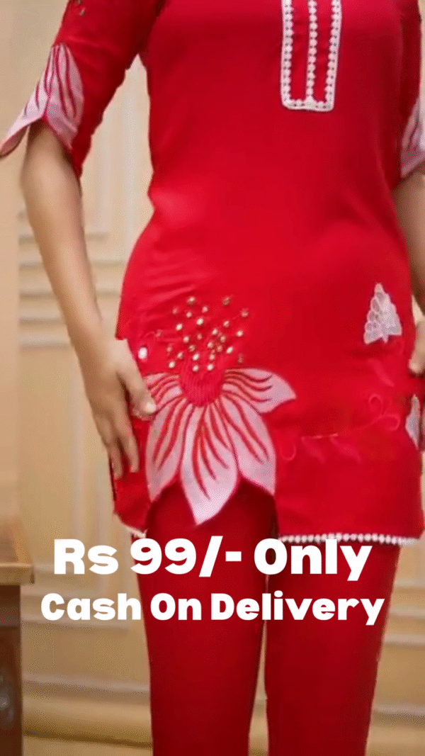 🔥 Red Embroidered T-shirt Pant Co-ords Set for Women - Image 9