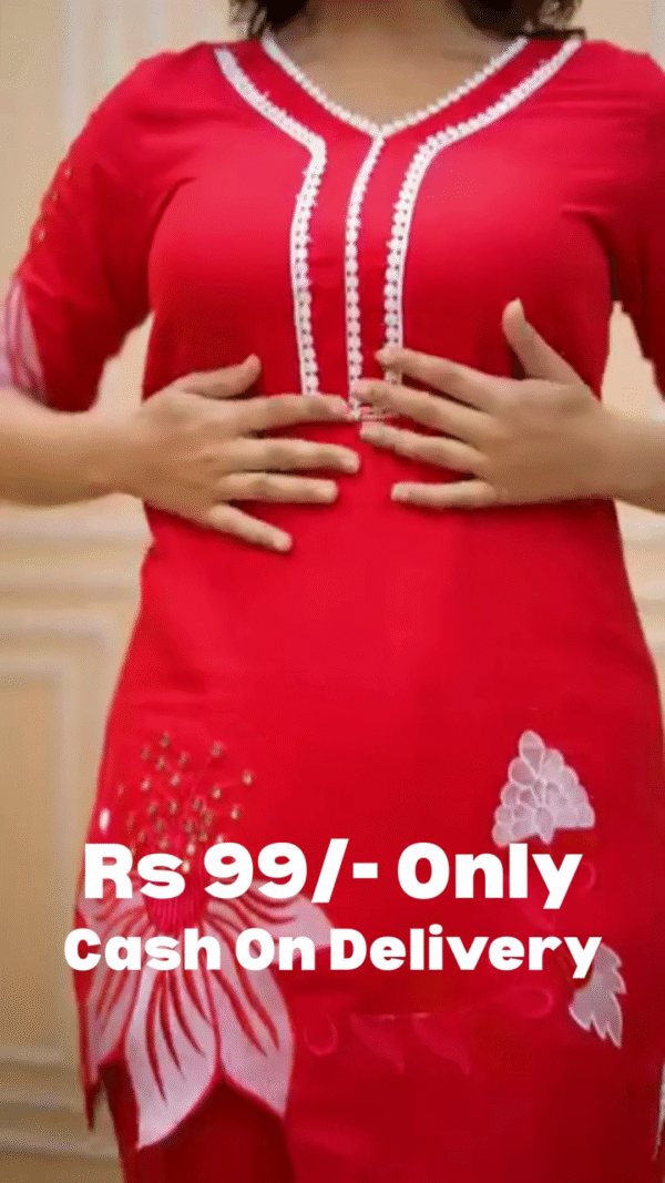 🔥 Red Embroidered T-shirt Pant Co-ords Set for Women - Image 8