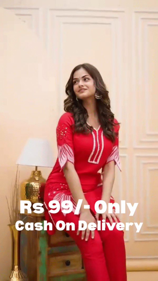 🔥 Red Embroidered T-shirt Pant Co-ords Set for Women - Image 5